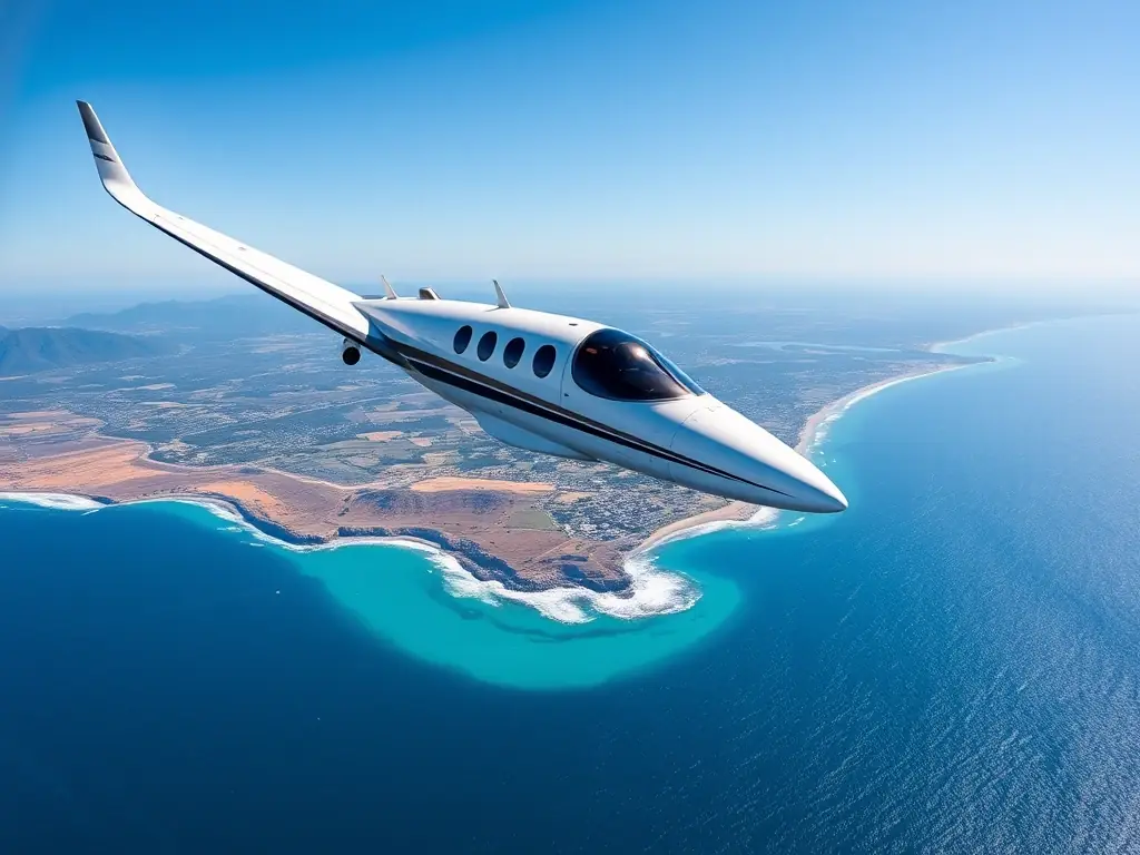 An aerial view of a modern training aircraft flying over the California coastline, with clear blue skies and the Pacific Ocean in the background.