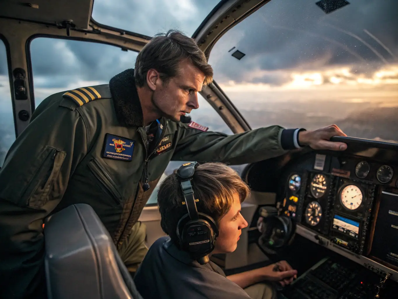 A student pilot in the cockpit of a small training aircraft, focusing on the instrument panel during a flight lesson. The instructor is beside him, pointing to a specific instrument.