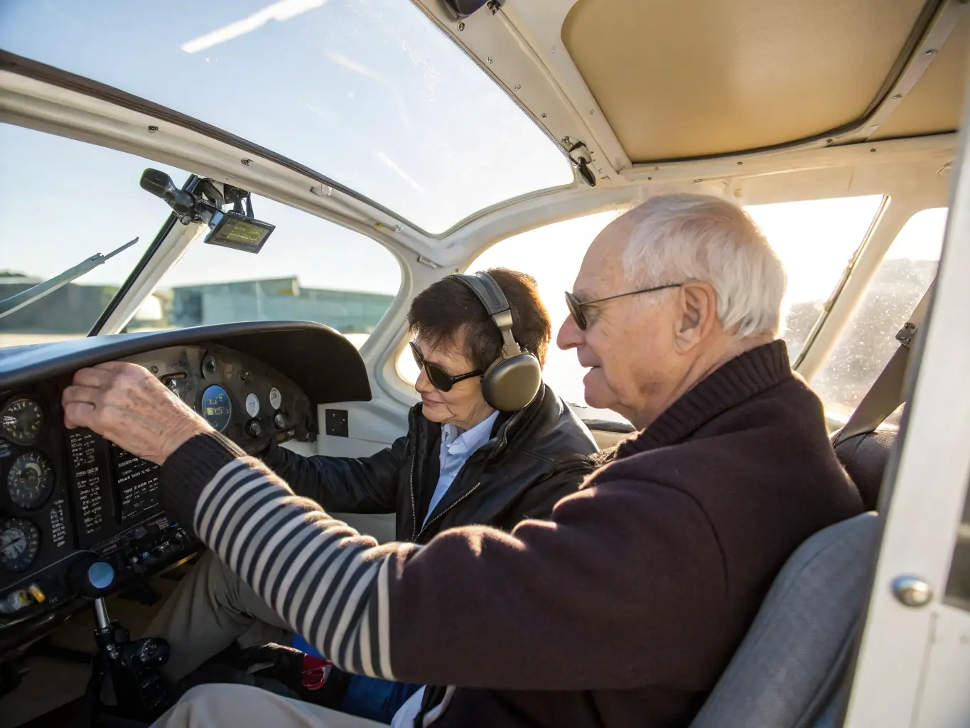 A certified flight instructor (CFI) demonstrating advanced maneuvers to a student pilot in a training aircraft. The focus is on precision and control.
